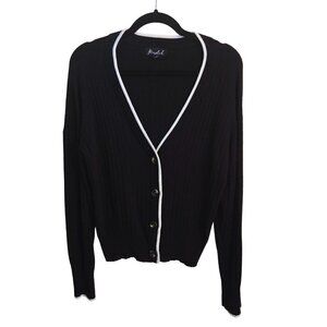 Marled Dark Academia Black Cream Trim Ribbed Boyfriend Cardigan Sweater Size M